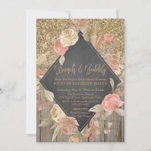 Invitación Purpurina de oro Wood Floral Chalkboard Brunch Bub