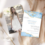 Invitación Purpurina de oro y azul claro Agate Photo Bat Mitz<br><div class="desc">Este moderno diseño cuenta con un hermoso borde de ágata junto con su texto y foto personalizado. Utilice el formulario de plantilla para agregar texto e imágenes. Los menús de edición avanzados, a los que se accede seleccionando "personalizar más adelante", le permitirán cambiar las fuentes, los colores y el diseño....</div>