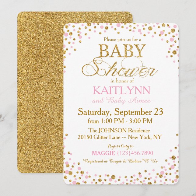 Invitación Purpurina de oro y Baby Shower de rociado rosa (Anverso / Reverso)
