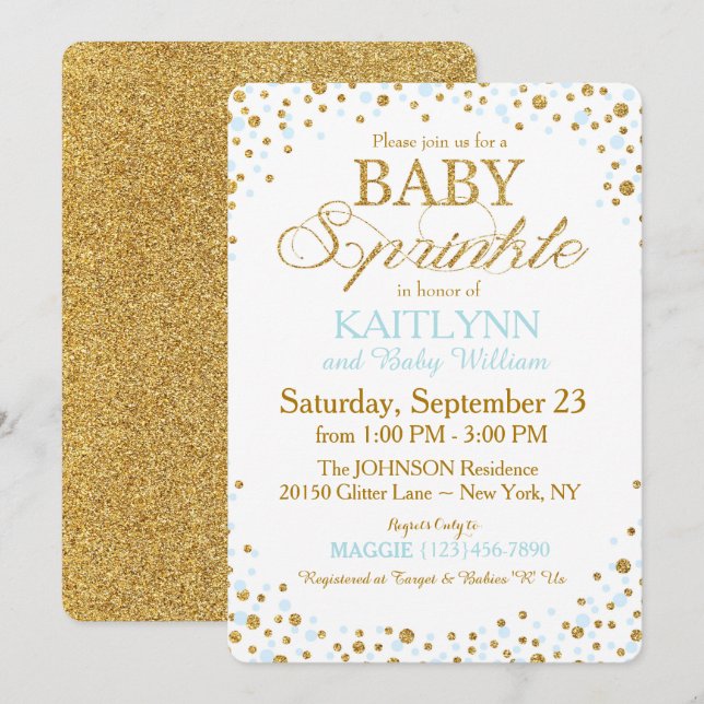 Invitación Purpurina de oro y Baby Shower de salpicadura azul (Anverso / Reverso)