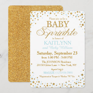 Invitación Purpurina de oro y Baby Shower de salpicadura azul