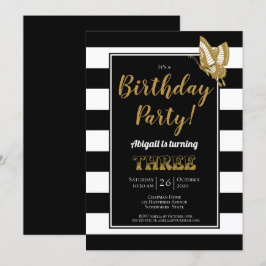 Invitación Purpurina de oro y blanco negro Fiesta de tercer c