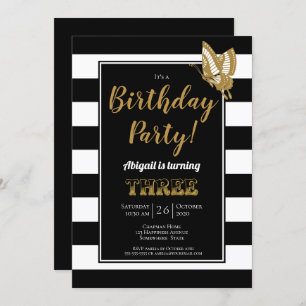 Invitación Purpurina de oro y blanco negro Fiesta de tercer c