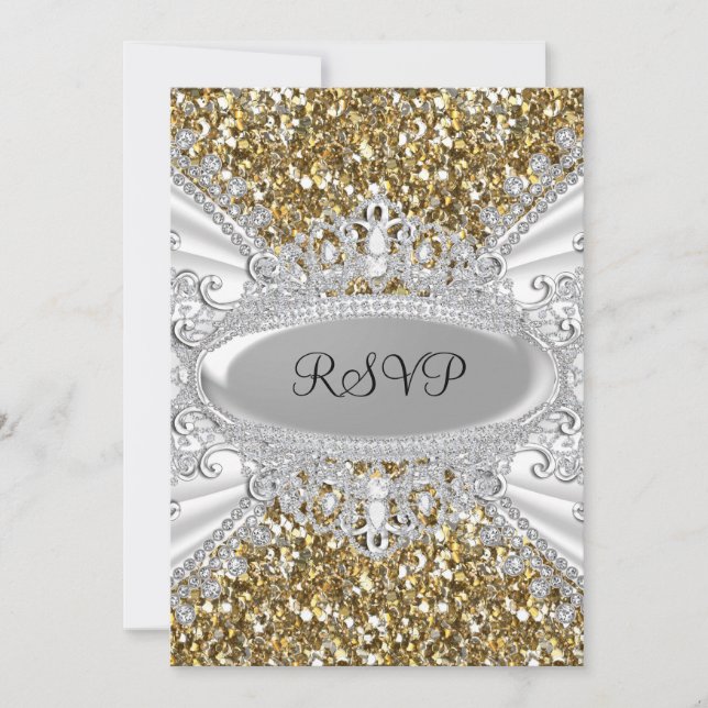 Invitación Purpurina de oro y Diamond Tiara Sweet 16 (Anverso)