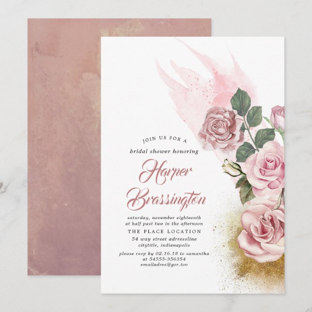 Invitación Purpurina de oro y dudosa ducha Rosa floral de nov (Anverso / Reverso)