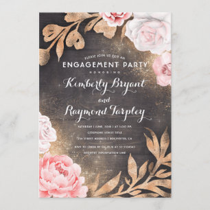 Invitación Purpurina de oro y fiesta de compromiso floral ros