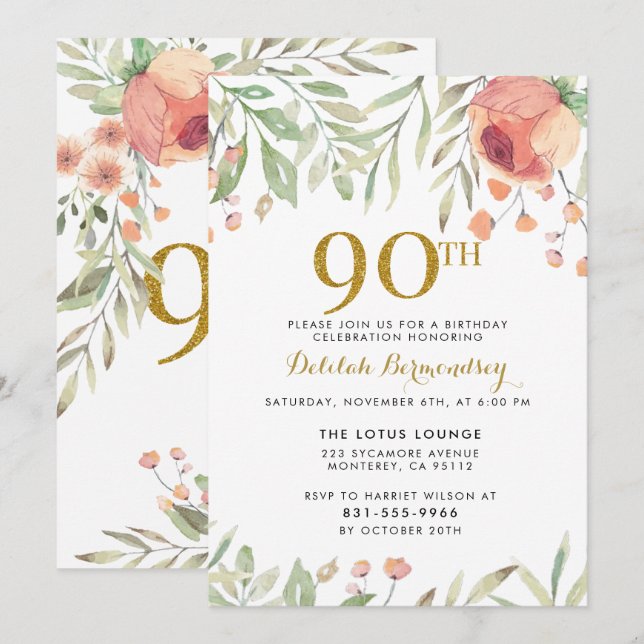Invitación Purpurina de oro y flores acuáticas 90 cumpleaños (Anverso / Reverso)