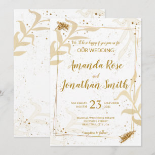 Invitación Purpurina de oro y hojas en blanco con espalda bla