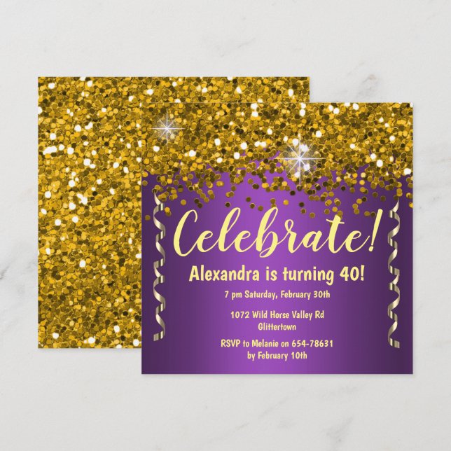 Invitación Purpurina de oro y morado metálico 40 cumpleaños (Anverso / Reverso)