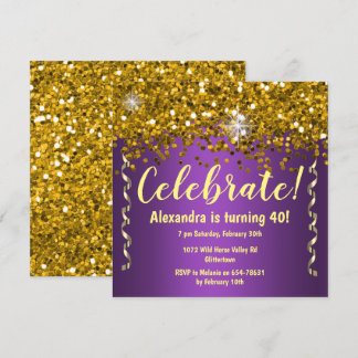 Invitación Purpurina de oro y morado metálico 40 cumpleaños