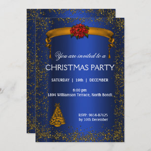 Invitación Purpurina de oro y Navidades azules