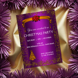 Invitación Purpurina de oro y Navidades morados