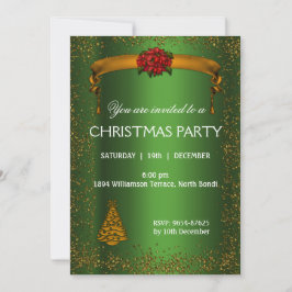 Invitación Purpurina de oro y Navidades verdes