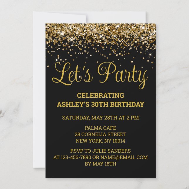 Invitación Purpurina de Oro y Negro 30 cumpleaños, Fiesta (Anverso)