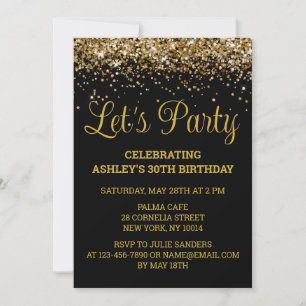 Invitación Purpurina de Oro y Negro 30 cumpleaños, Fiesta