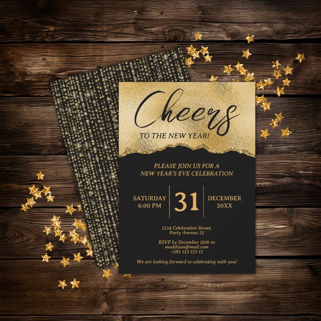Invitación Purpurina de Oro y Negro Saluda Nochevieja (Subido por el creador)