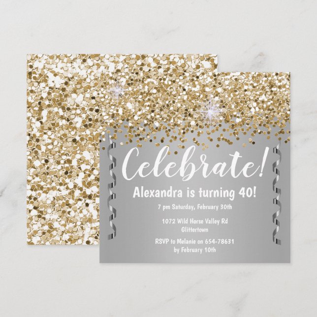 Invitación Purpurina de oro y plata metálica 40 cumpleaños (Anverso / Reverso)