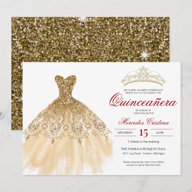 Invitación Purpurina de oro y Red Simple Elegante Quinceañera (Anverso / Reverso)