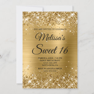 Invitación Purpurina de oro y Relieve metalizado dulce 16 Fan