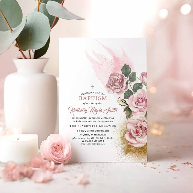 Invitación Purpurina de oro y Rosa polvoriento bautismo (Elegant Roses Dusty Pink Baptism Invitations)