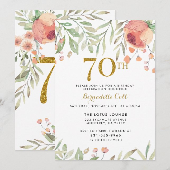Invitación Purpurina de oro y Rosas pintados 70 cumpleaños (Anverso / Reverso)