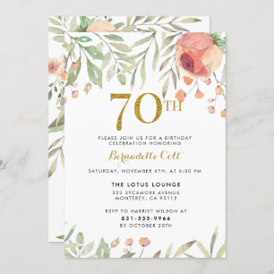Invitación Purpurina de oro y Rosas pintados 70 cumpleaños