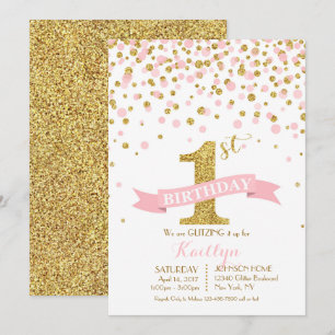 Invitación Purpurina de oro y salpicaduras de rosa Cumpleaños