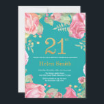 Invitación Purpurina de oro y Verde azulado<br><div class="desc">Invitación a los 21 Años Florales para Mujeres. Flor floral botánica acuarela.Brillantina dorada. Fondo Verde azulado Aqua Turquesa. Flores Florales De Peonies Rosados. Cumpleaños de adultos.
Para más personalización,  haga clic en el botón "Personalizar" y utilice nuestra herramienta de diseño para modificar esta plantilla.</div>