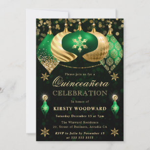 Invitación Purpurina de oro y verde Baubles Quinceanera