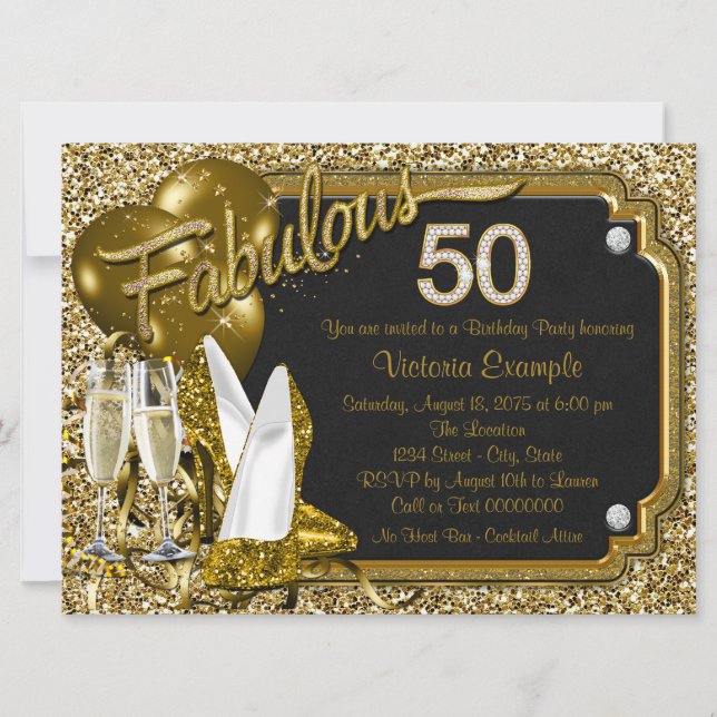 Invitación Purpurina de oro zapato fabuloso fiesta de cumplea (Anverso)