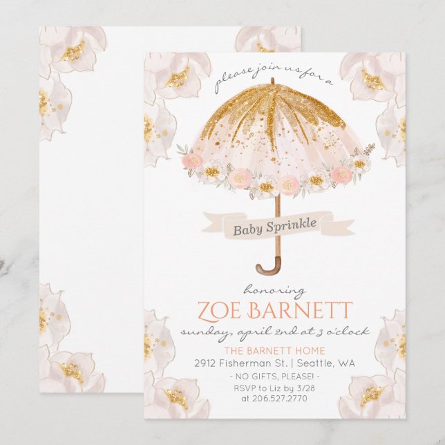 Invitación Purpurina de paraguas florales Baby Sprinkle Invit (Anverso / Reverso)