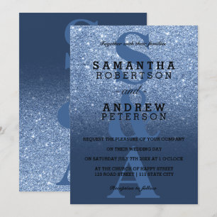 Invitación Purpurina de peonía azul marino boda de monograma 