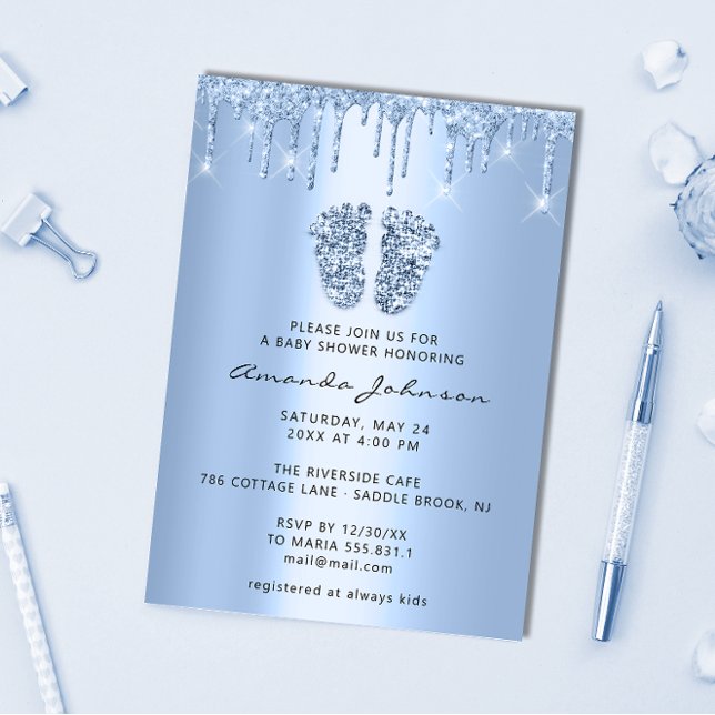 Invitación Purpurina de pies Baby Shower Baby Blue Drips Boy  (Subido por el creador)