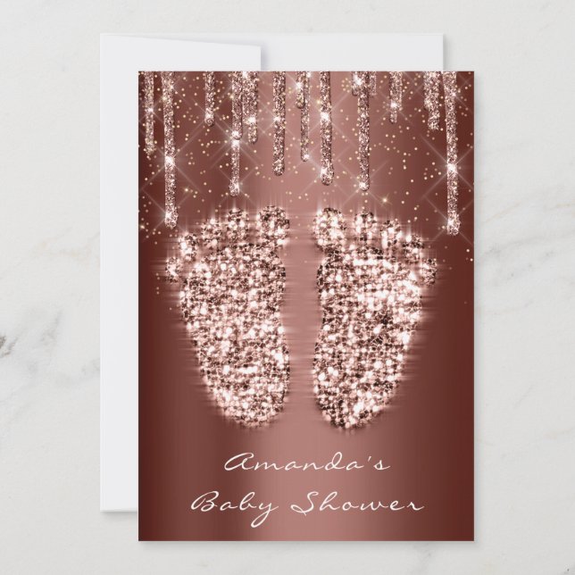 Invitación Purpurina de pies Baby Shower Gold Brown Drips Chi (Reverso)