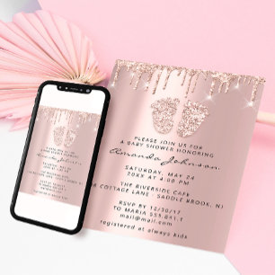 Invitación Purpurina de pies Baby Shower Perforaciones rosada