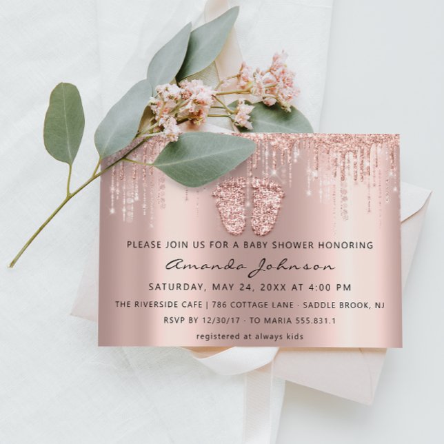 Invitación Purpurina de pies Baby Shower Rosa Chica de golosi (Baby Shower Feet Glitter Rose Gold Drips Boy Girl Invitation)