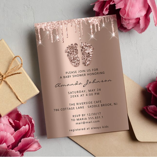 Invitación Purpurina de pies Baby Shower Rosa Chica de golosi (Baby Shower Feet Glitter Rose Gold Drips Boy Girl Invitation)