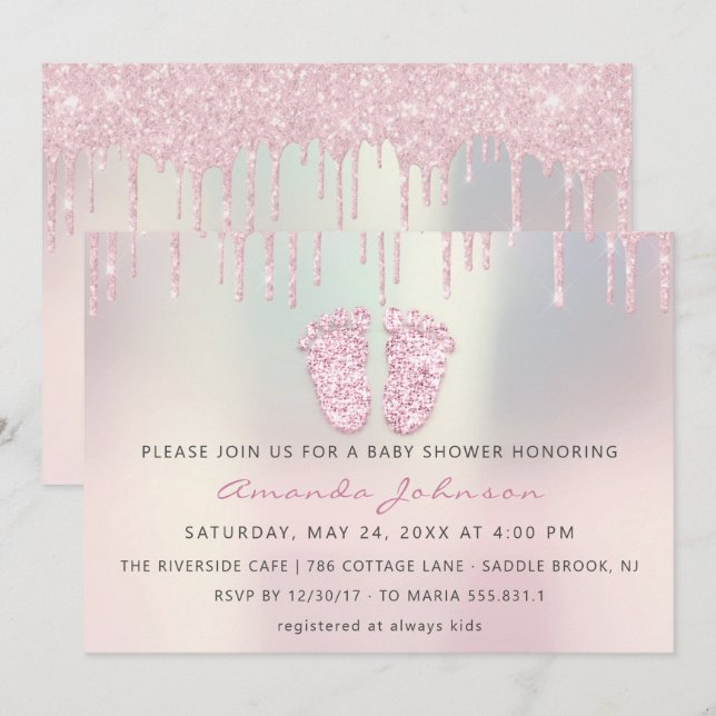 Invitación Purpurina de pies Baby Shower Rosa Perforaciones r (Anverso / Reverso)