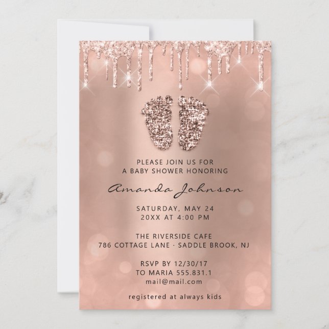 Invitación Purpurina de pies Baby Shower Rosa Purpurina Chica (Anverso)
