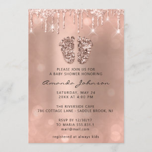 Invitación Purpurina de pies Baby Shower Rosa Purpurina Chica