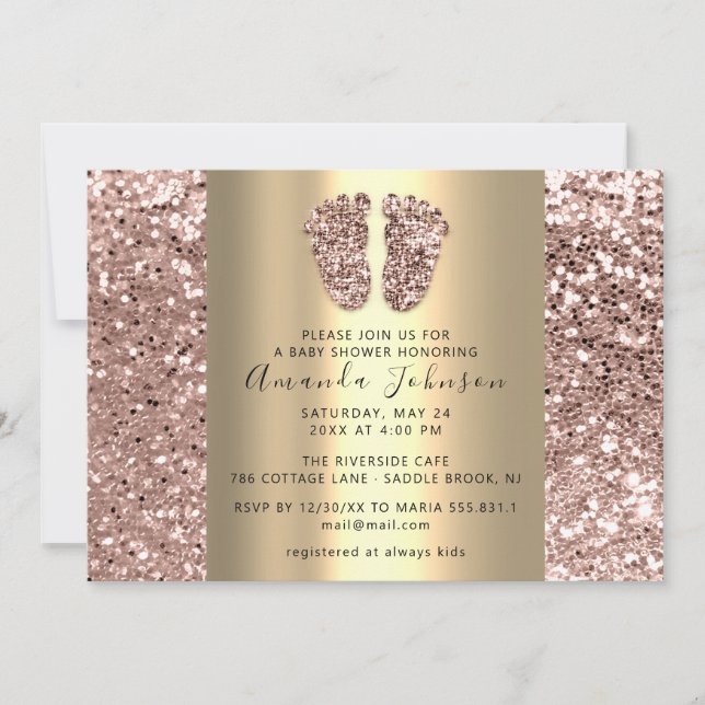 Invitación Purpurina de pies Baby Shower Rosa Purpurina GoldB (Anverso)