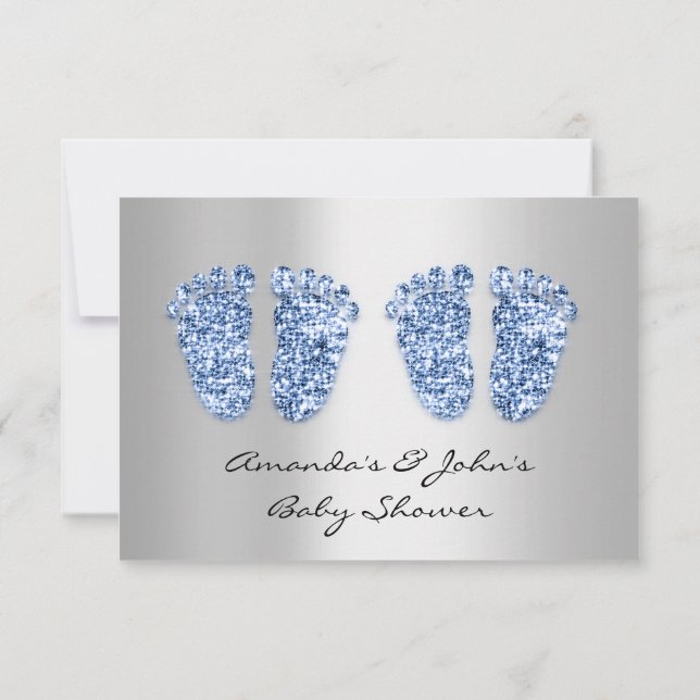 Invitación Purpurina de pies de Baby Shower gemelos Blue Boys (Reverso)