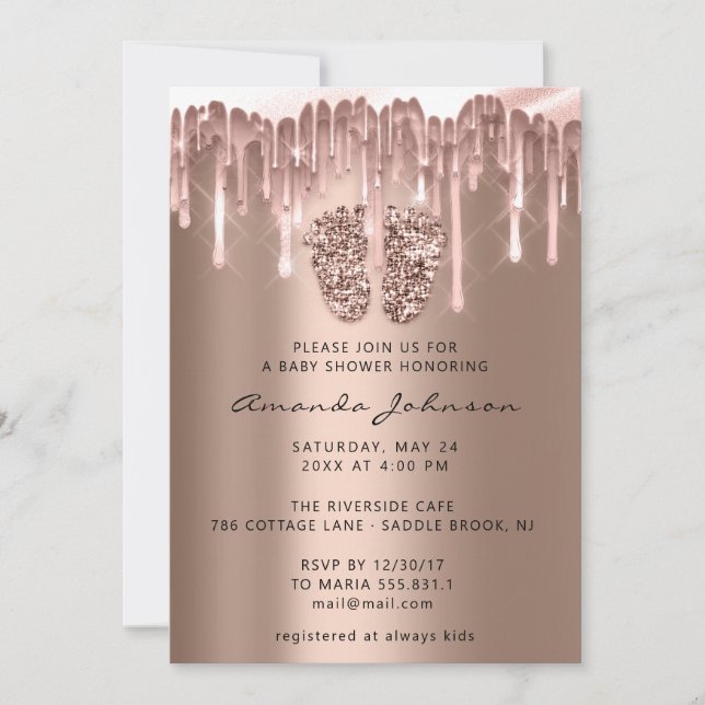 Invitación Purpurina de pies de Baby Shower Rosa Rubor Drip B (Anverso)