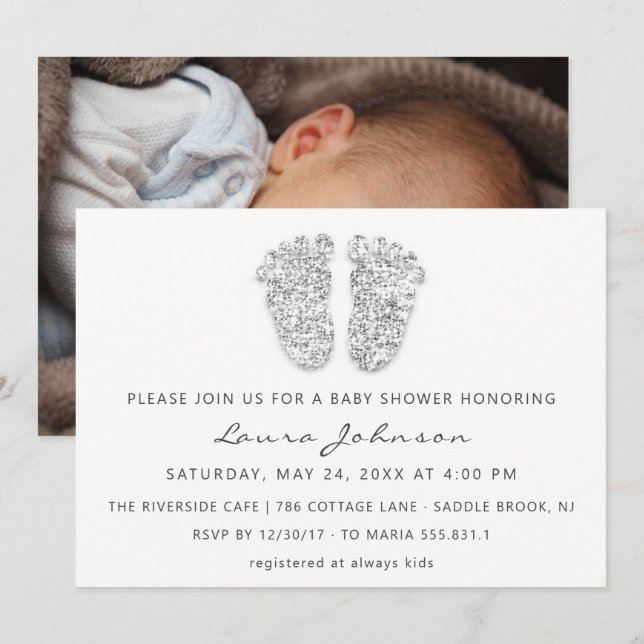 Invitación Purpurina de pies de ducha  foto gris blanco (Anverso / Reverso)