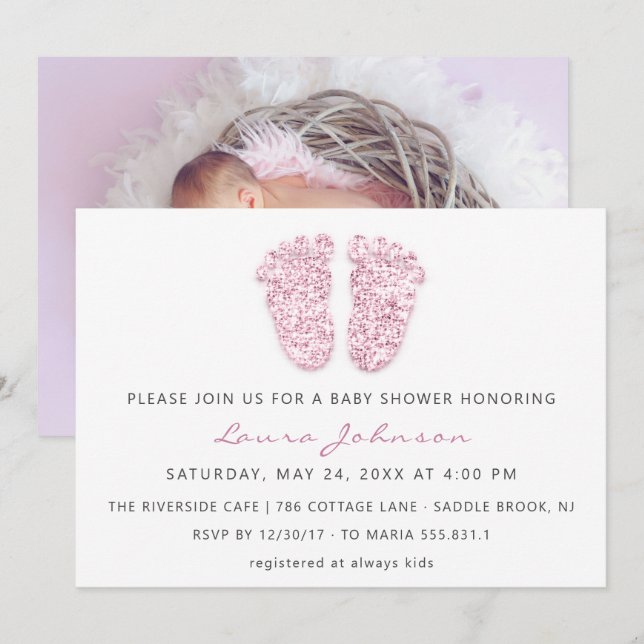 Invitación Purpurina de pies de ducha  foto rosa blanco (Anverso / Reverso)