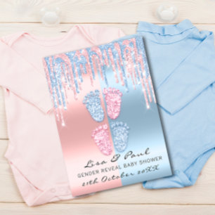 Invitación Purpurina De Pies Revelados Género Gemelos De Bebé