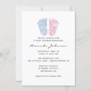Invitación Purpurina de pies rosa azul claro Baby Shower Chic