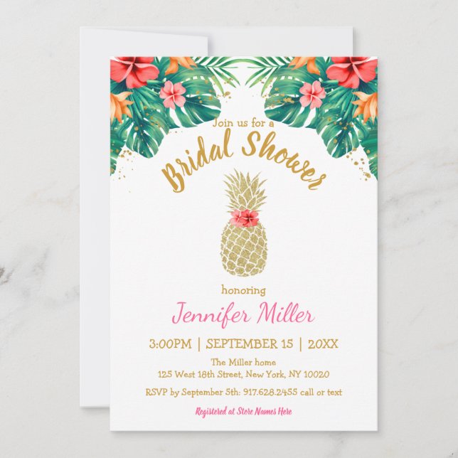 Invitación Purpurina de piña dorada Floral rosa ducha de novi (Anverso)