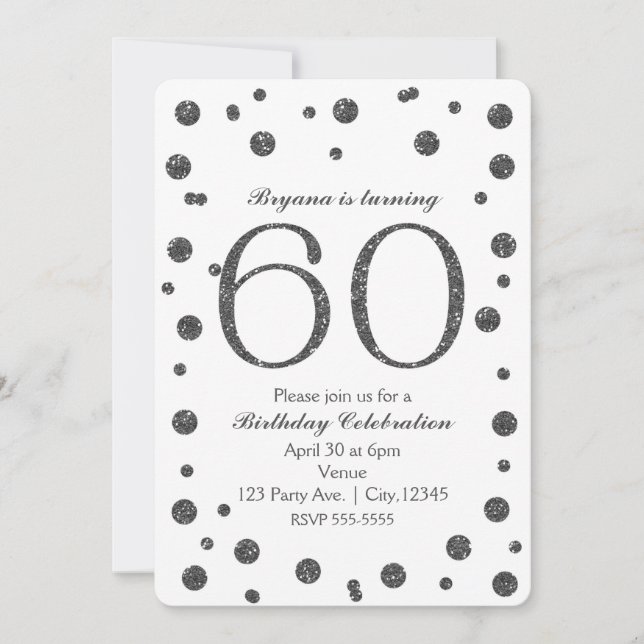 Invitación Purpurina de Plata 60° fiesta de cumpleaños (Anverso)