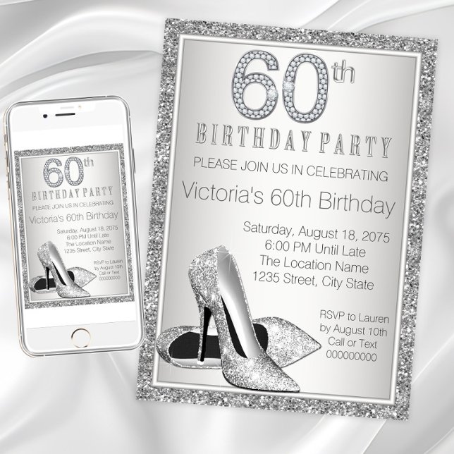 Invitación Purpurina de Plata Alta Calzado de tacón 60 cumple (Womans elegant 60th birthday invitation. Instant download and printed invitations available,)